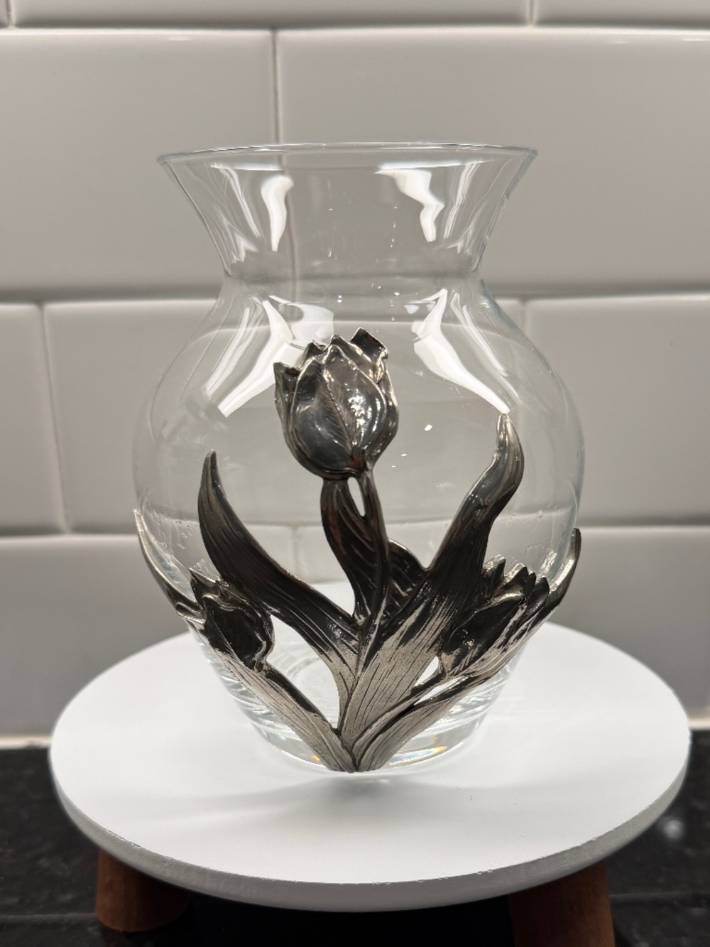 Vintage Seagull Glass and Pewter Vase